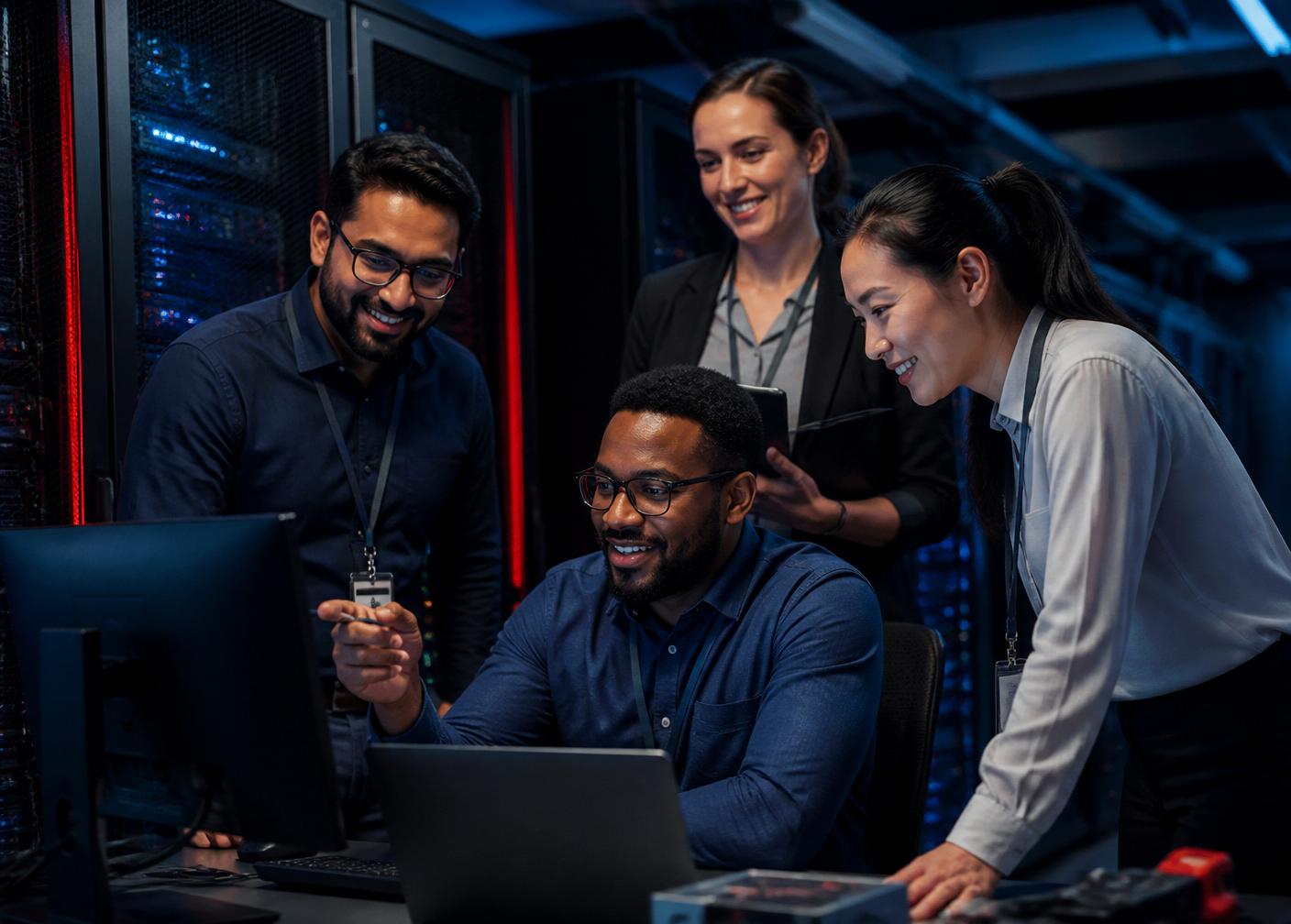 Equipe de infraestrutura em datacenter
